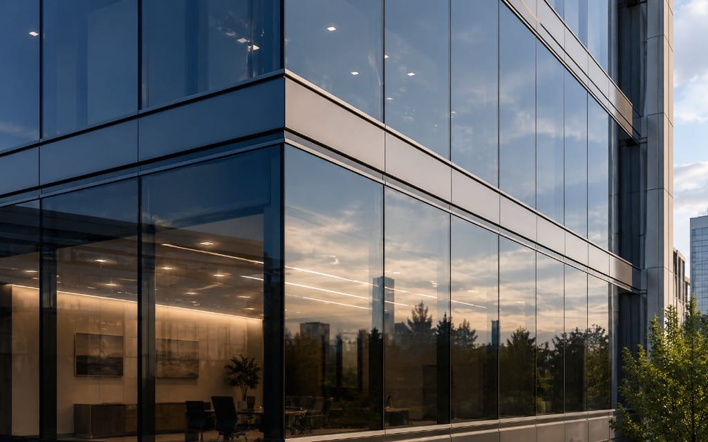 Modern glass office building corner at dusk with warm interior lighting