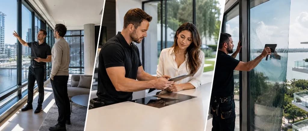 Triptych banner: technician and client at high-rise windows, consultation over a tablet in a modern kitchen, and installer applying film to glass with a waterfront view
