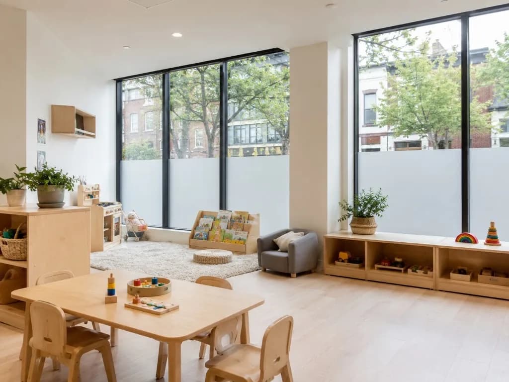 Bright modern daycare classroom with natural wood furniture, activity tables, low toy shelves, and tall windows with frosted lower panels overlooking trees