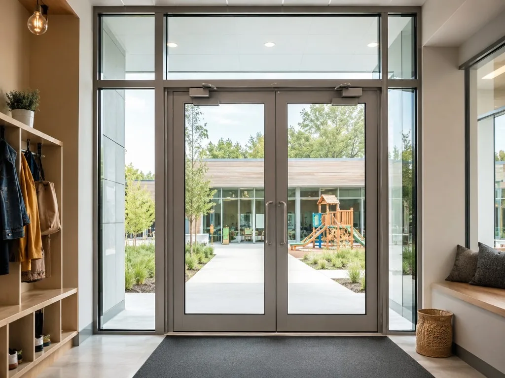 Bright modern school or childcare entrance with glass doors opening to a sunlit playground, coat hooks and bench inside