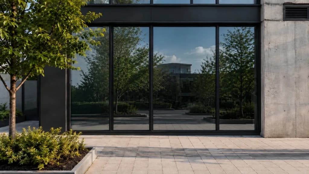 Façade vitrée similaire avec film réfléchissant de confidentialité — reflet des arbres et du ciel, l'intérieur n'est plus visible depuis l'extérieur