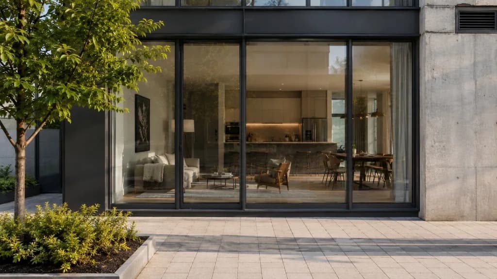Vue extérieure à travers de grandes baies vitrées vers un intérieur moderne au crépuscule — l'intérieur est visible depuis l'extérieur avant traitement de confidentialité