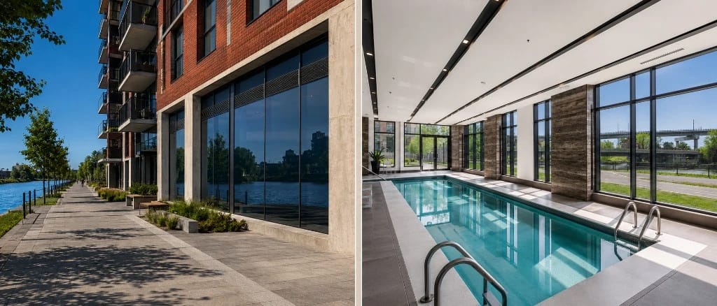 Split view: office glass partitions with a horizontal frosted privacy band, and a storefront at dusk with matching frosted film on large windows.