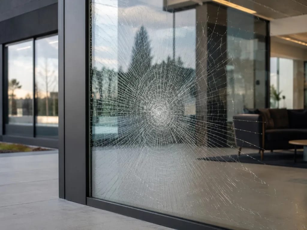 Large exterior window with dense impact cracking across the glass, still held intact in its dark frame, with a furnished interior visible through the pane.