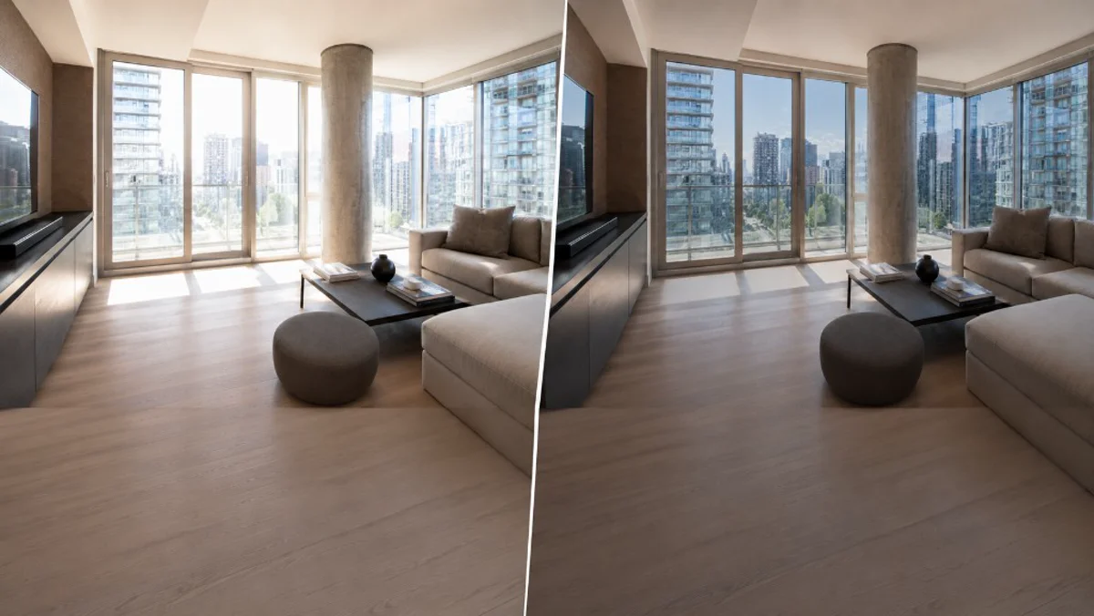 Split comparison of a condo living room with floor-to-ceiling windows: harsh glare and washed-out view without film on the left; balanced light and clear city view with solar control film on the right.