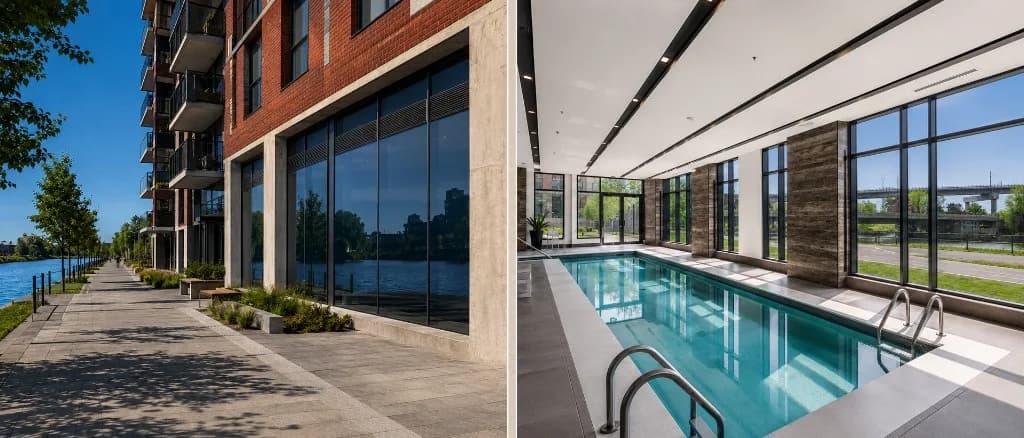 Split view: office glass partitions with a horizontal frosted privacy band, and a storefront at dusk with matching frosted film on large windows.