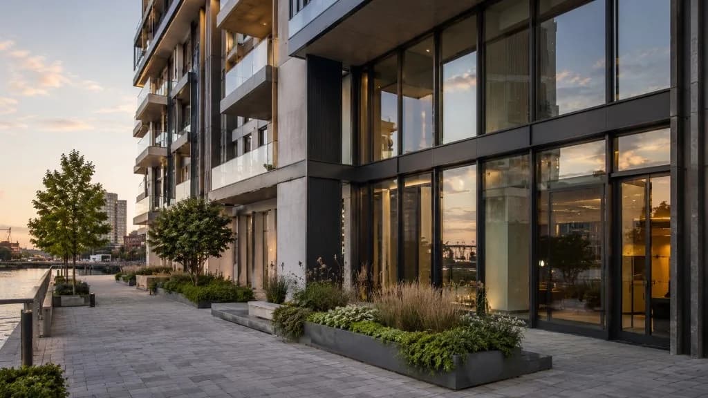 Bâtiment moderne vitré au coucher du soleil reflétant un ciel doré, le long d'une promenade pavée au bord de l'eau et paysagée
