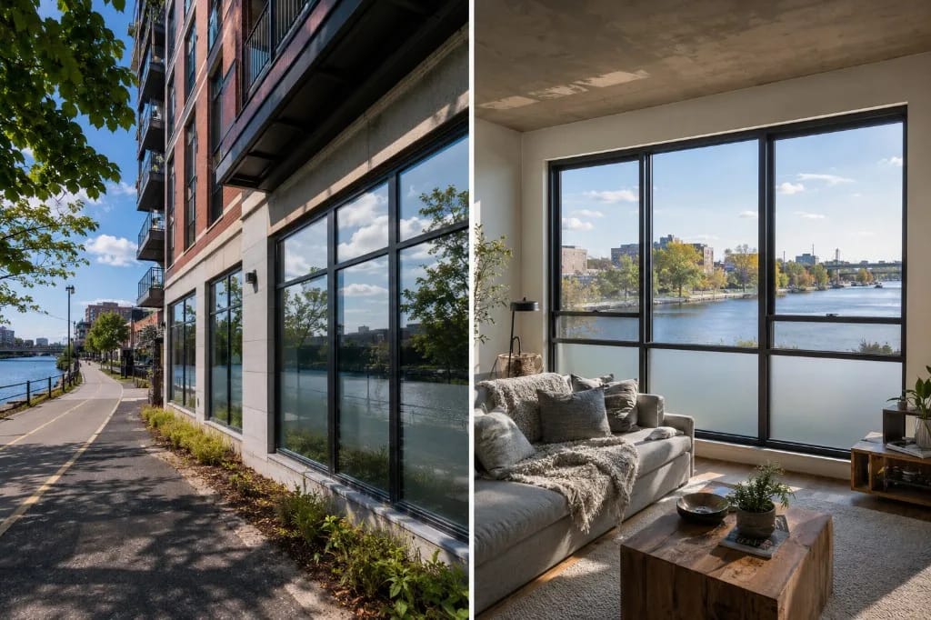 Split view of a modern canal-side condo building exterior and a bright living room with floor-to-ceiling windows overlooking the water and a green truss bridge