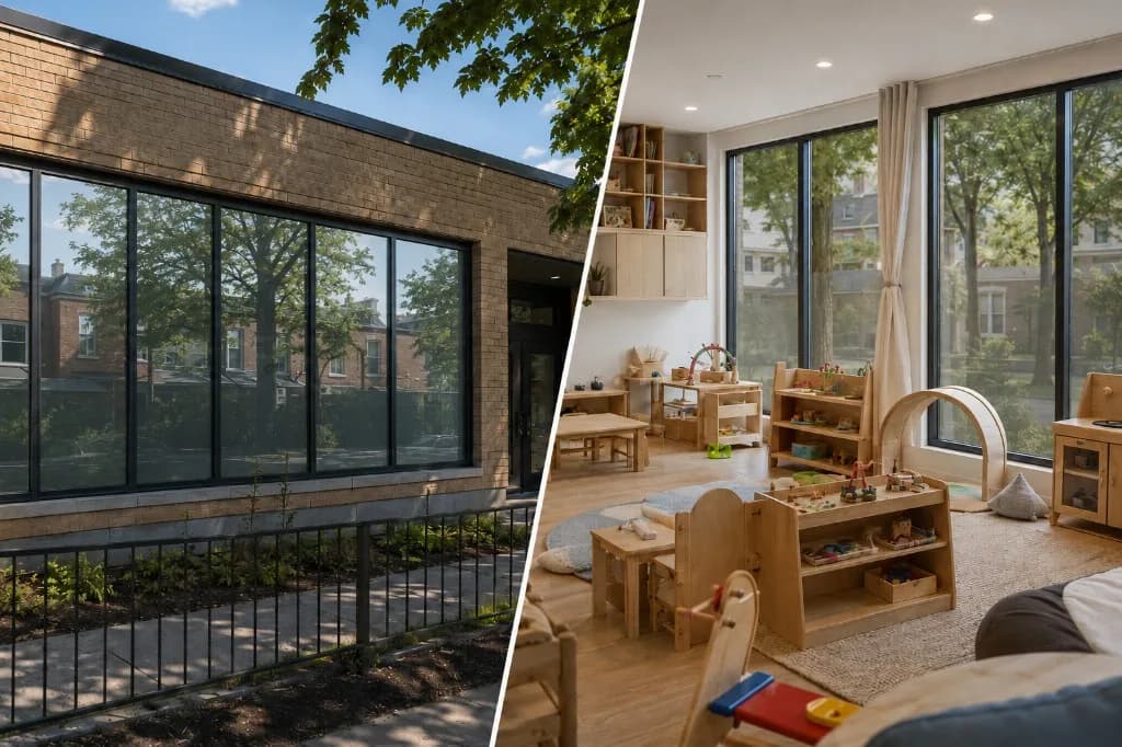 Vue partagée : façade d'école en brique avec fenêtres réfléchissantes et salle de classe lumineuse en bois avec matériel pédagogique
