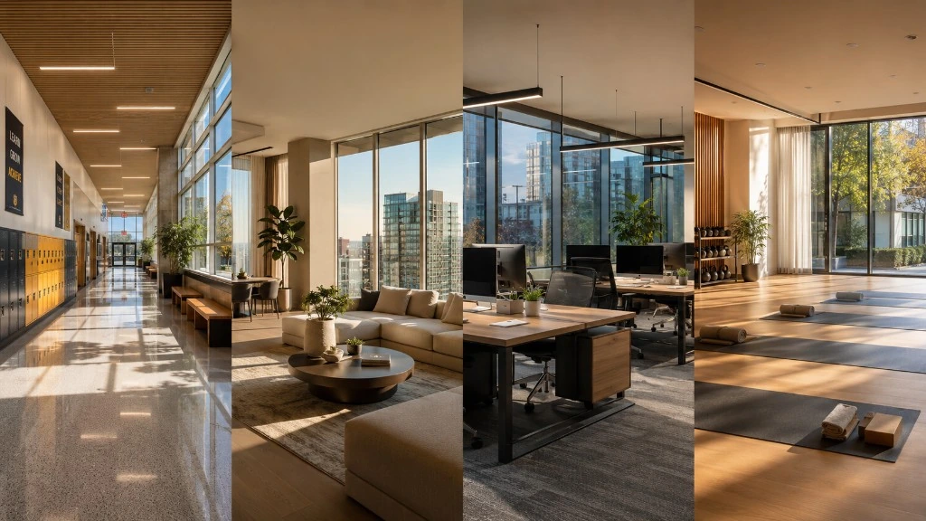 Four-panel banner showing schools, daycares, residential living, and commercial office spaces with window film contexts